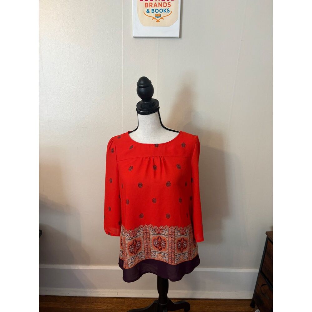 Anthropologie Maeve Red Printed Border Blouse | Size 6 | NWT